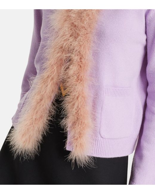 Valentino Purple Feather-Trimmed Virgin Wool Cardigan