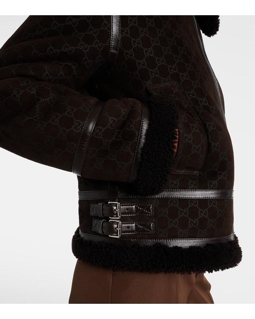 Gucci Black Gg Shearling-Trimmed Leather Jacket