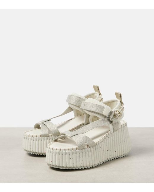 CHLOÉ 26S WEDGE SANDALS IN WHITE LAMBSKIN AND GREY CANVAS