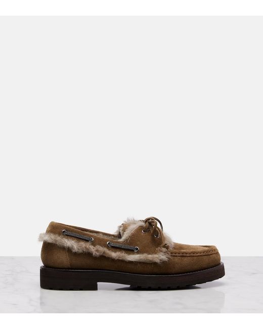 Brunello Cucinelli Brown Shearling-Lined Suede Boat Shoes