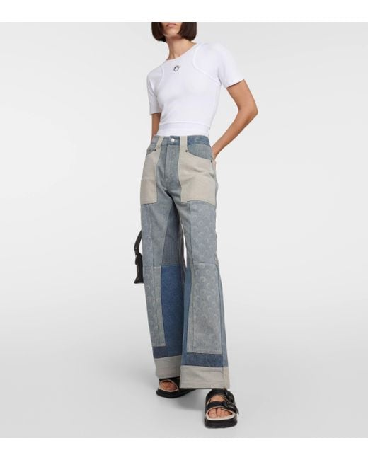 MARINE SERRE Blue Patchwork High-rise Wide-leg Jeans