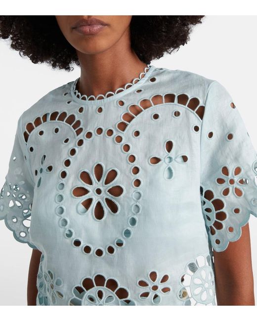 Zimmermann Blue Awaken Embroidered Linen Crop Top