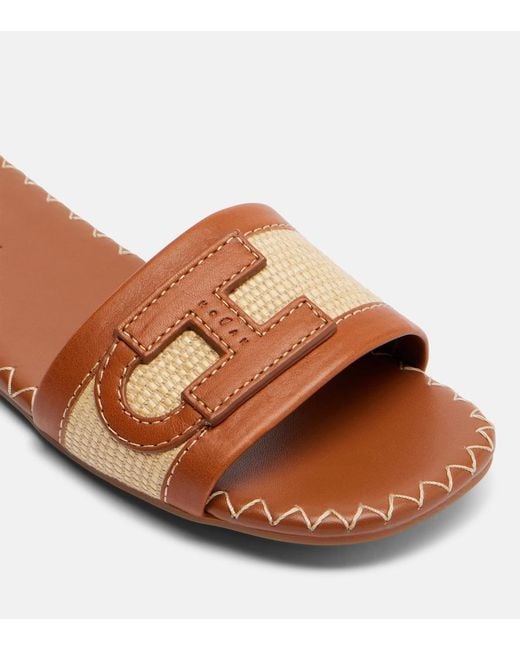 Hogan Brown Leather-Trimmed Raffia Slides