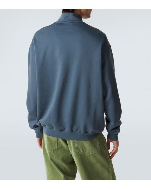 Auralee Blue Cotton Half-Zip Sweatshirt for men