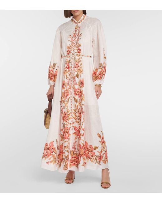 Zimmermann White Vacay Billow Belted Floral Linen Maxi Dress