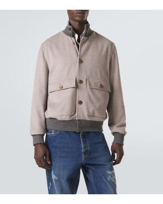 Brunello Cucinelli Gray Cashmere-Trimmed Wool Bomber Jacket for men