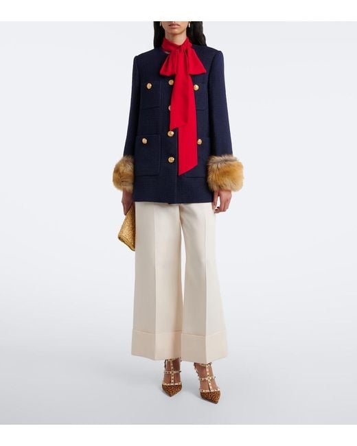 Valentino Blue Shearling-Trimmed Wool-Blend Tweed Jacket