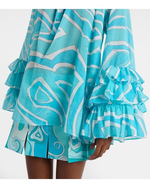 Emilio Pucci Blue Marmo Ruffled Cotton Blouse