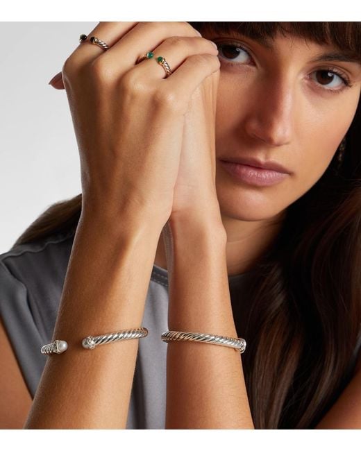 David Yurman Metallic Cable Flex Sterling Bracelet With Diamonds And Pearls