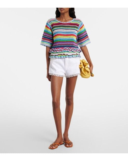 Ganni White Lace-Trimmed Denim Shorts