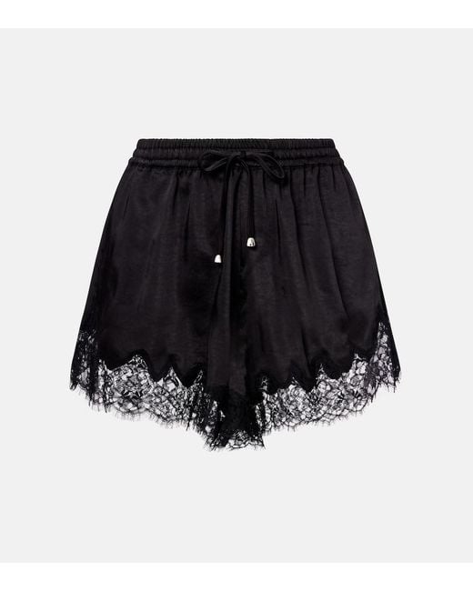 Self-Portrait Black Lace-Trimmed Satin Shorts