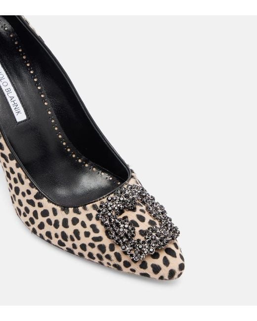 Manolo Blahnik Black Hangisi 90 Leopard-Print Calf Hair Pumps