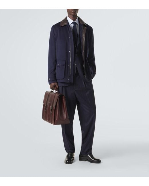 Brunello Cucinelli Blue Leather-Trimmed Wool Jacket for men
