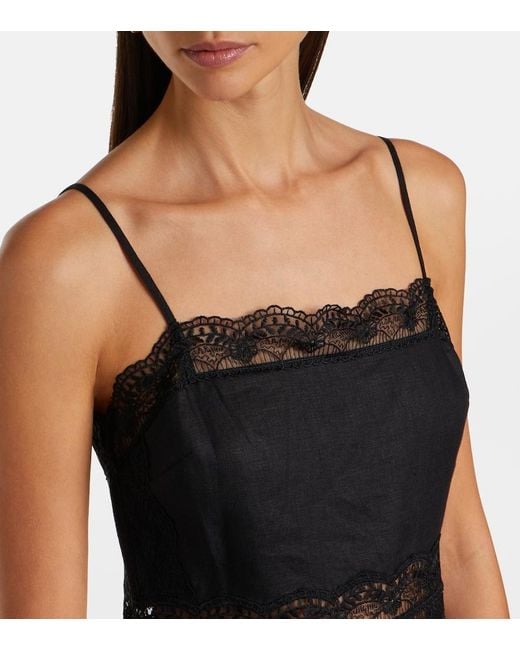 Staud Black Amalina Lace-Trimmed Linen Midi Dress
