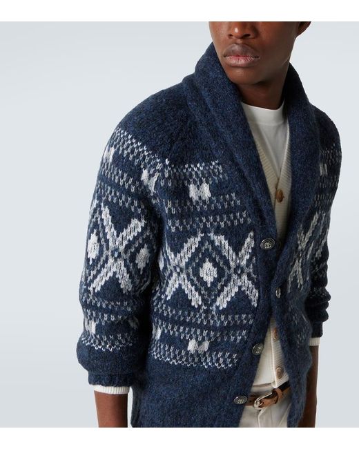 Brunello Cucinelli Blue Fair Isle Alpaca Wool-Blend Cardigan for men