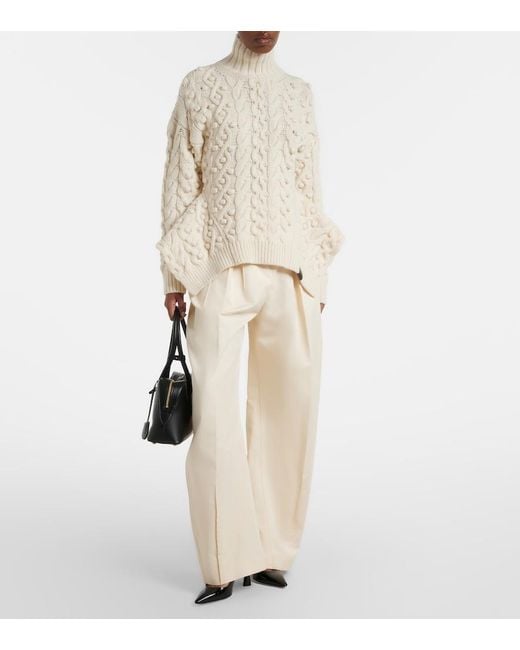 Stella McCartney Natural Cable-Knit Draped Wool Turtleneck Sweater