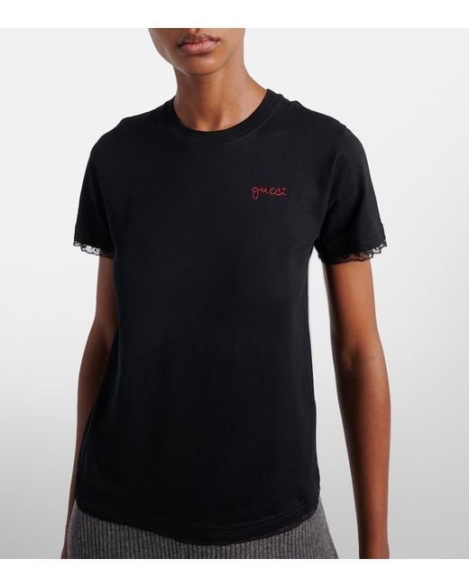 Gucci Black Embroidered Lace-Trimmed Cotton Jersey T-Shirt