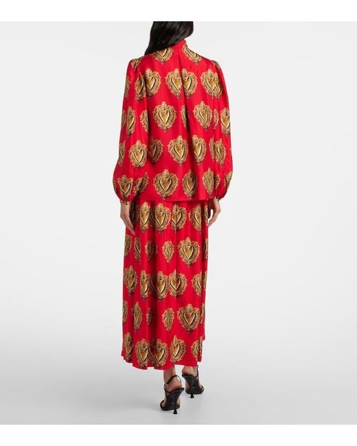 Dolce & Gabbana Red Printed Tie-Neck Silk Blouse
