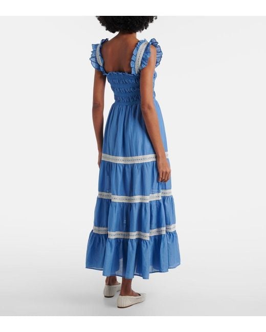 Rixo Blue Aubrie Lace-Trimmed Cotton Voile Midi Dress