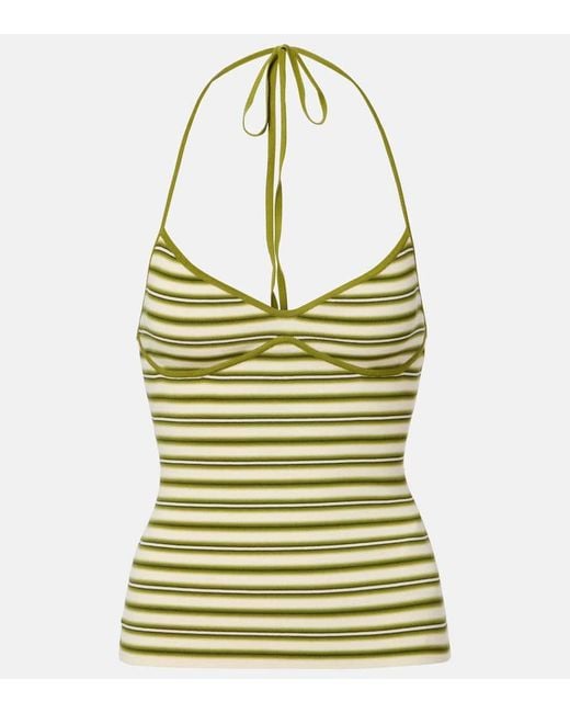 Faithfull The Brand Green Citara Striped Halterneck Cotton-Blend Top