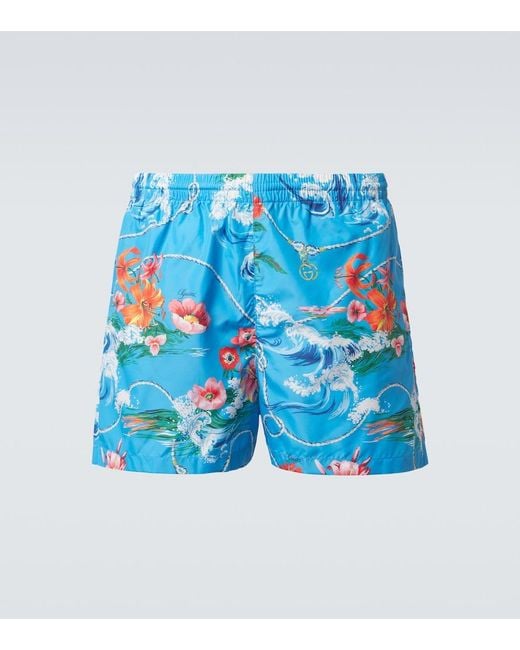 Gucci Blue Printed Poplin Swim Trunks for men