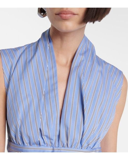 Patou Blue Striped Gathered Cotton Poplin Minidress