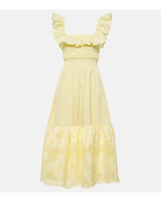 Self-Portrait Lace-Trimmed Cotton Midi Dress in Yellow | Lyst