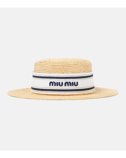 Miu Miu White Logo Raffia Boater Hat