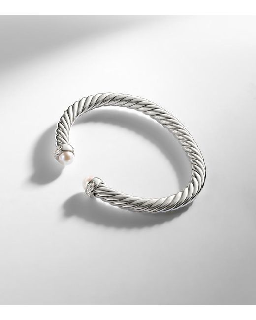 David Yurman Metallic Cable Flex Sterling Bracelet With Diamonds And Pearls