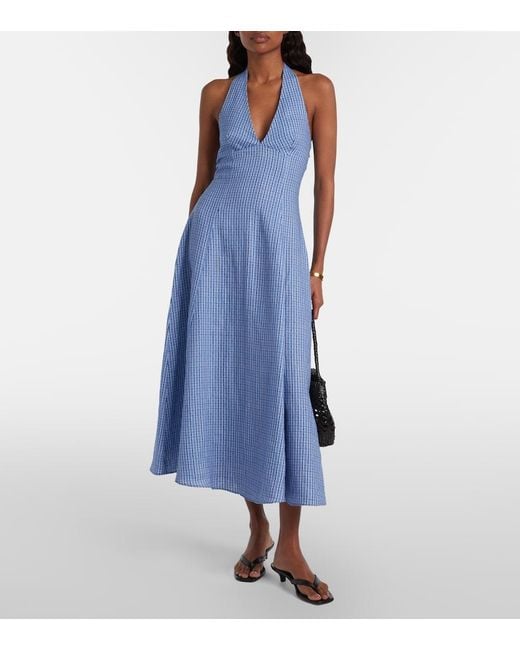 Faithfull The Brand Blue Marais Checked Linen Midi Dress