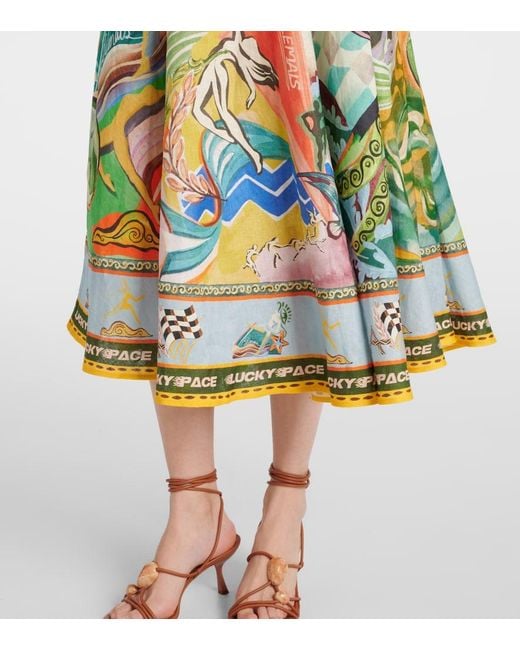 ALÉMAIS Blue Lucky Pace Printed Linen Midi Dress