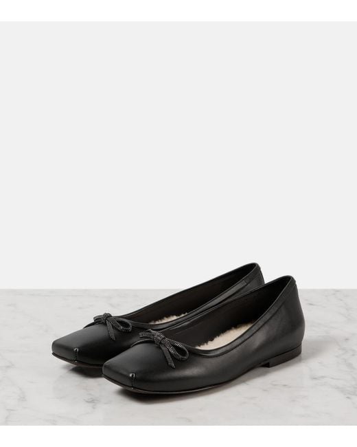 Brunello Cucinelli Black Monili Bow-Detail Leather Ballet Flats