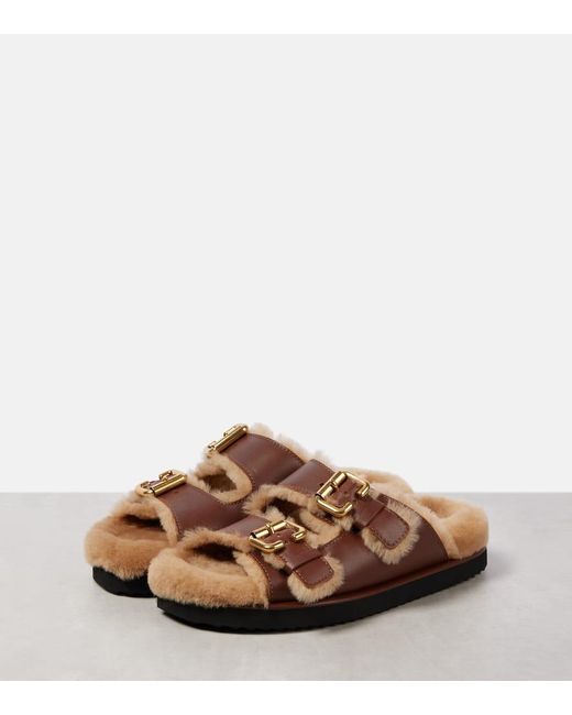 Chloé Brown Nil Shearling-Lined Leather Sandals