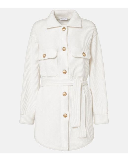 Brunello Cucinelli Natural Belted Wool, Cashmere, And Silk Cardigan