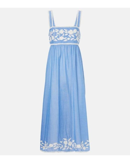 Juliet Dunn Blue Embroidered Cotton Chambray Midi Dress