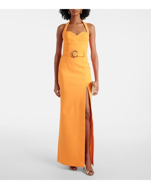 Rebecca Vallance Metallic Belted Halterneck Crepe Maxi Dress