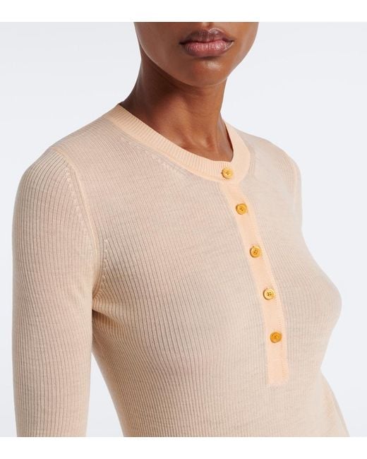 Chloé Natural Ribbed-Knit Silk-Trimmed Wool Henley Shirt