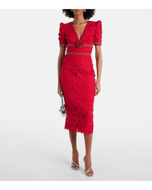 Rebecca Vallance Red Embellished Lace Midi Dress