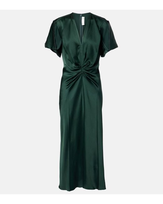 Victoria Beckham Green Gathered Crepe Satin Midi Dress