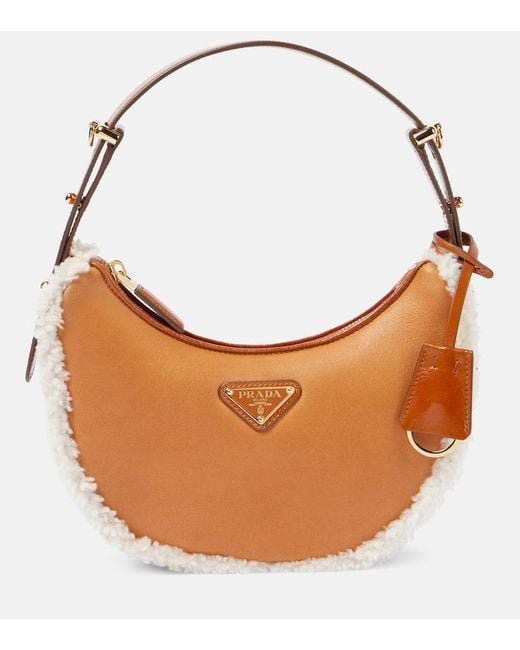 Prada Brown Arque Small Shearling-Trimmed Leather Shoulder Bag