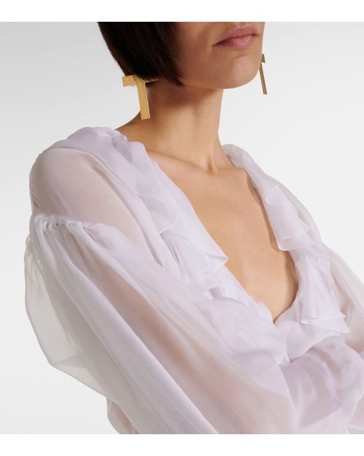 Dolce & Gabbana White Ruffled Silk Chiffon Blouse