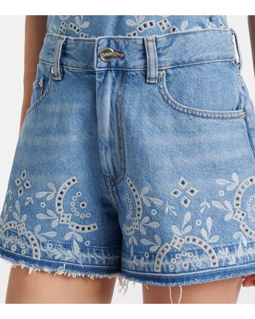 Ganni Blue Broderie Anglaise Denim Shorts