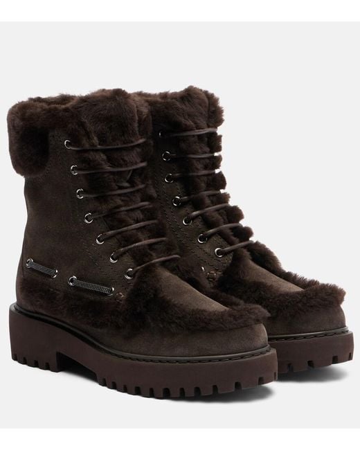 Brunello Cucinelli Black Monili Shearling-Trimmed Suede Lace-Up Boots