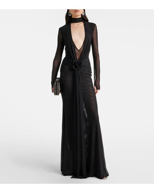 David Koma Black Floral-Applique Mesh Gown