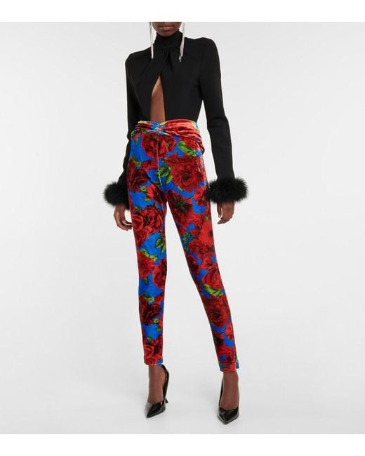 Magda Butrym Red Floral Velvet Leggings