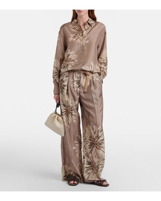 Brunello Cucinelli Natural Floral Silk Pongee Wide-Leg Pants
