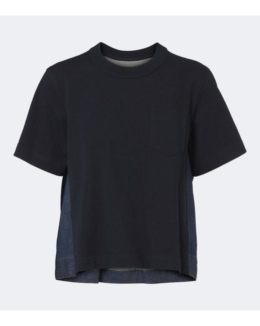 Sacai Black Cotton Jersey And Denim T-Shirt