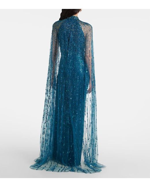Jenny Packham Blue Cairo Sequined Caped Gown