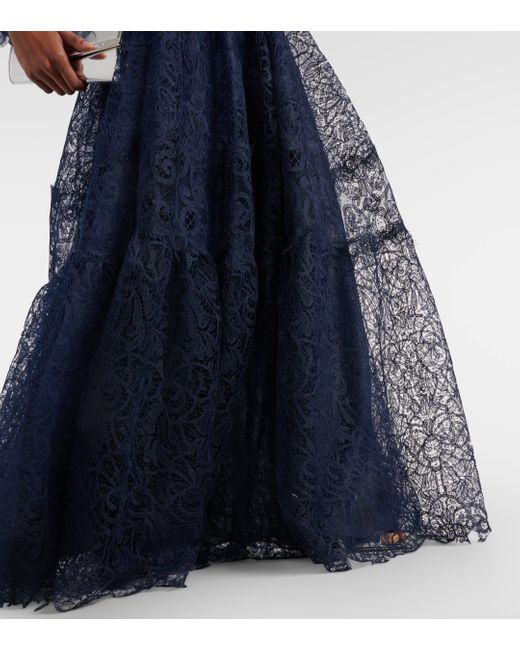 Costarellos Blue Ruched Lace Gown