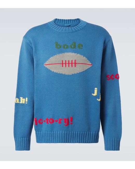 Bode Blue Spirit Embroidered Cotton And Wool Sweater for men
